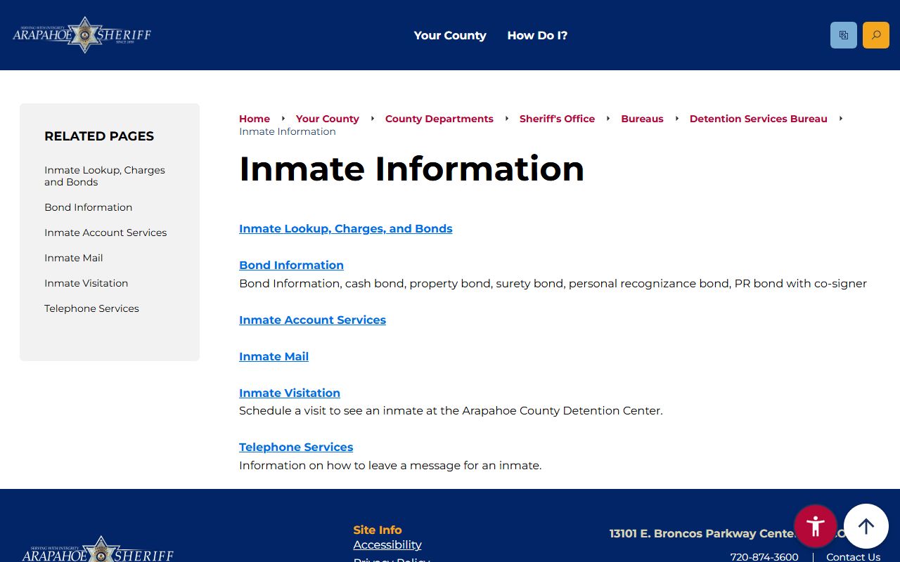 Arapahoe County Sheriff inmate information page for busted mugshots