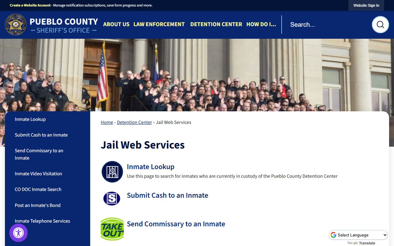Pueblo County jail web services page for busted mugshots and inmate tools