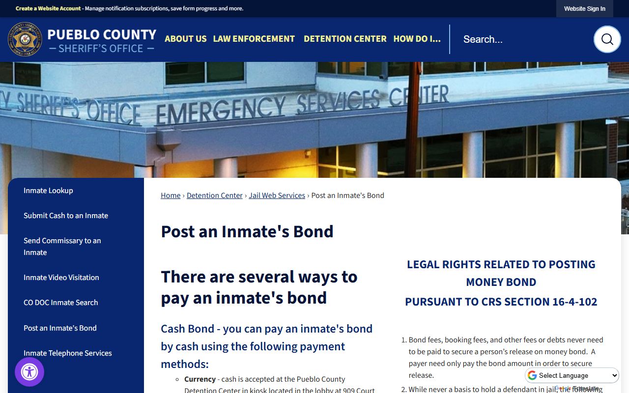 Pueblo County bond posting information for detention center inmates