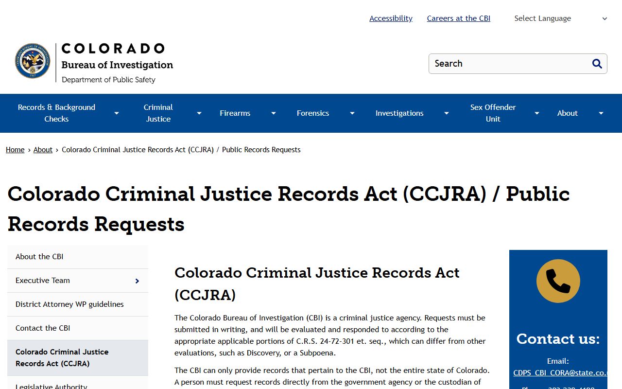 CBI CORA and CCJRA information for Colorado busted mugshots records