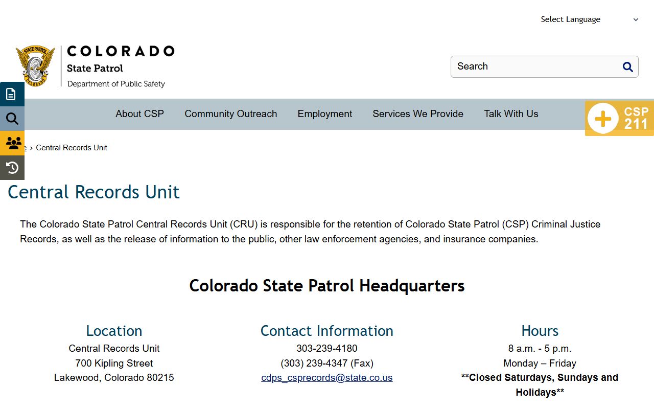 Colorado State Patrol central records unit page for arrest records requests