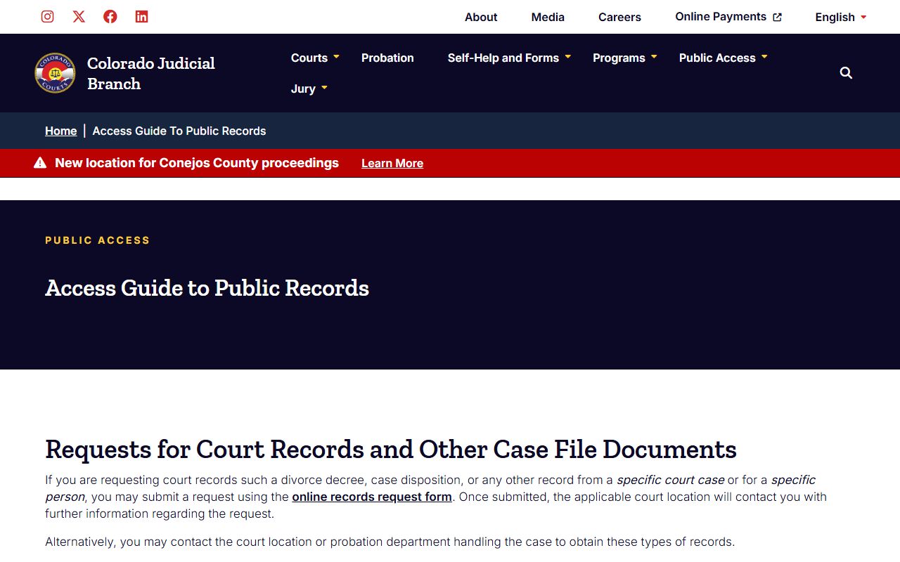 Colorado Judicial Branch public records access guide for arrest records